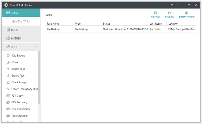 Main window of EaseUS backup software