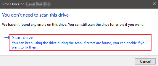 klik pindai drive untuk memeriksa kesalahan hard drive Anda