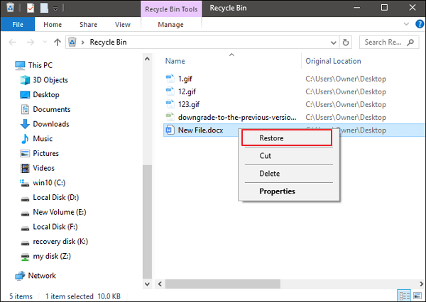 restore word files from recycle bin