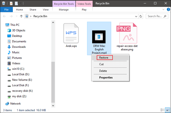 Recover deleted video from recycle bin