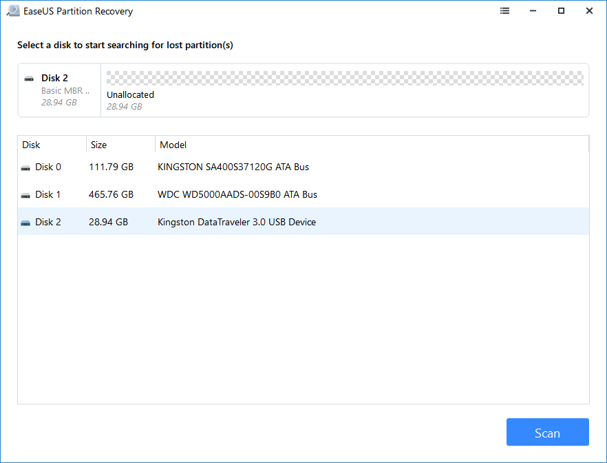 select disk to scan lost partition