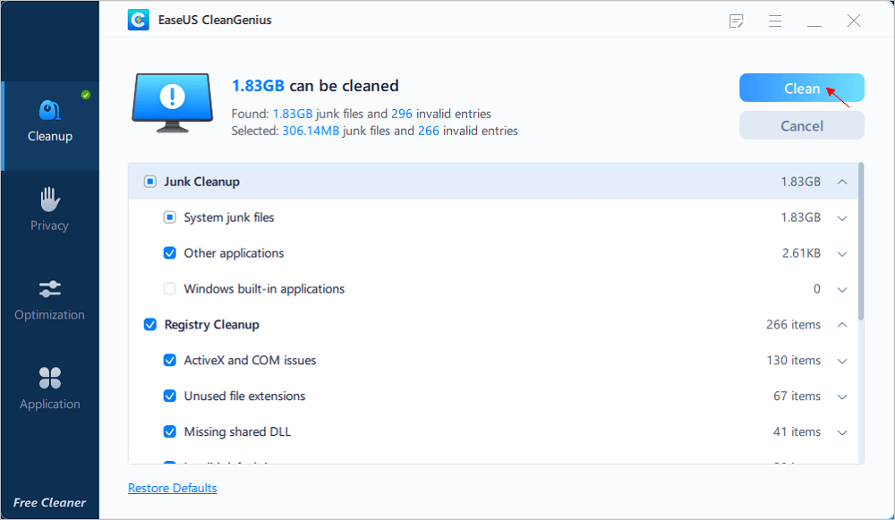 click clean up to remove junk files
